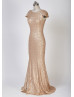 Champagne Sequin Cap Sleeves Mermaid Long  Bridesmaid Dress